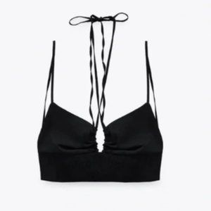 Zara Black Stretch Linen Blend Crop Top, Size Large